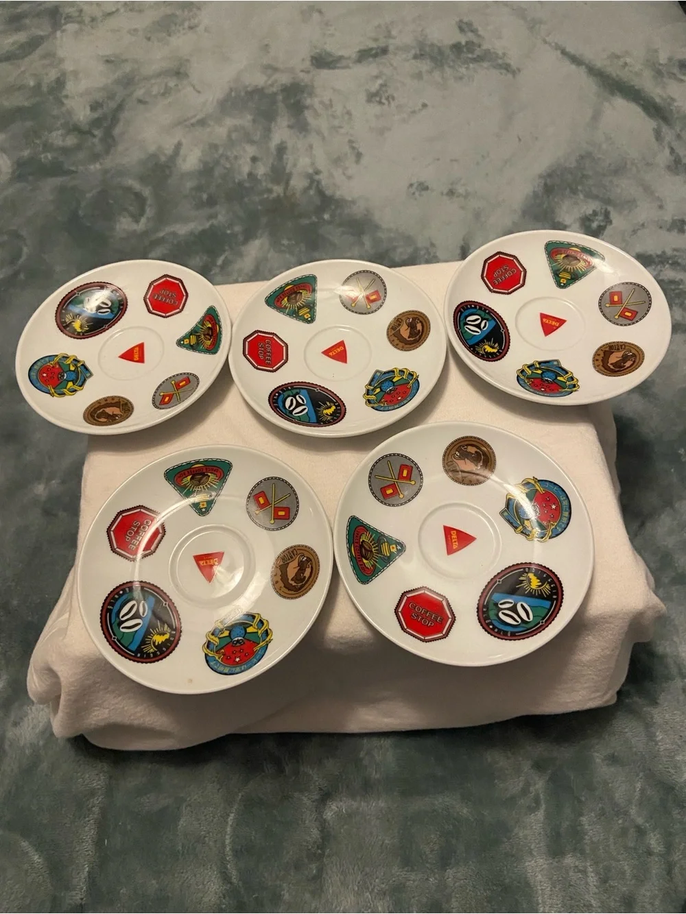 Delta White Espresso Cup and Saucer Set with Colorful Badge Accents - 5Pc
